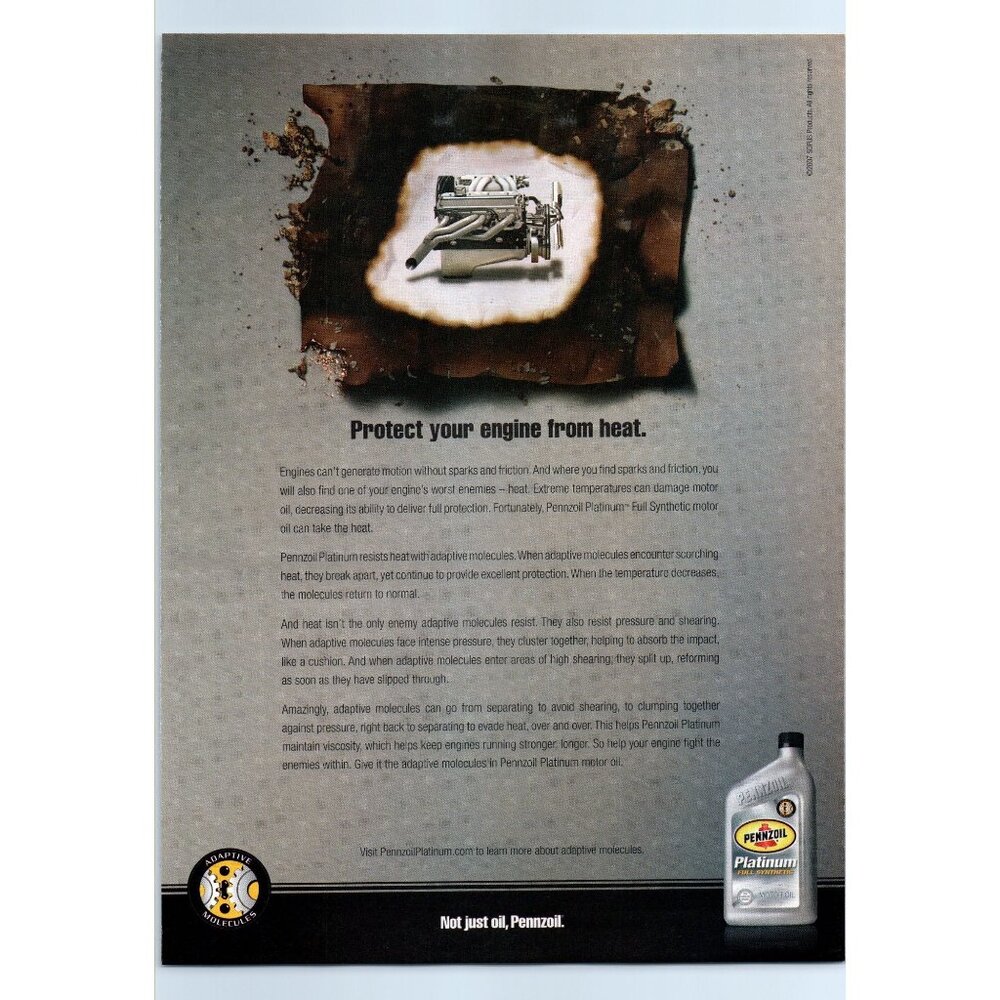 2007 Pennzoil Platinum Full Synthetic Motor Oil Vintage Print Ad Engine Block